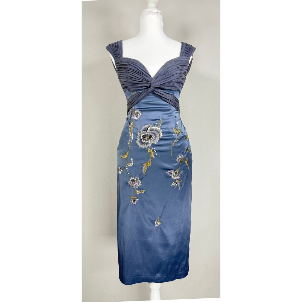 Vtg Y2K Mandalay Dress Women 4 Blue Floral Embroidered Beaded Satin Hoco Prom